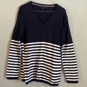 Tommy Hilfiger Navy Striped V Neck Sweater
